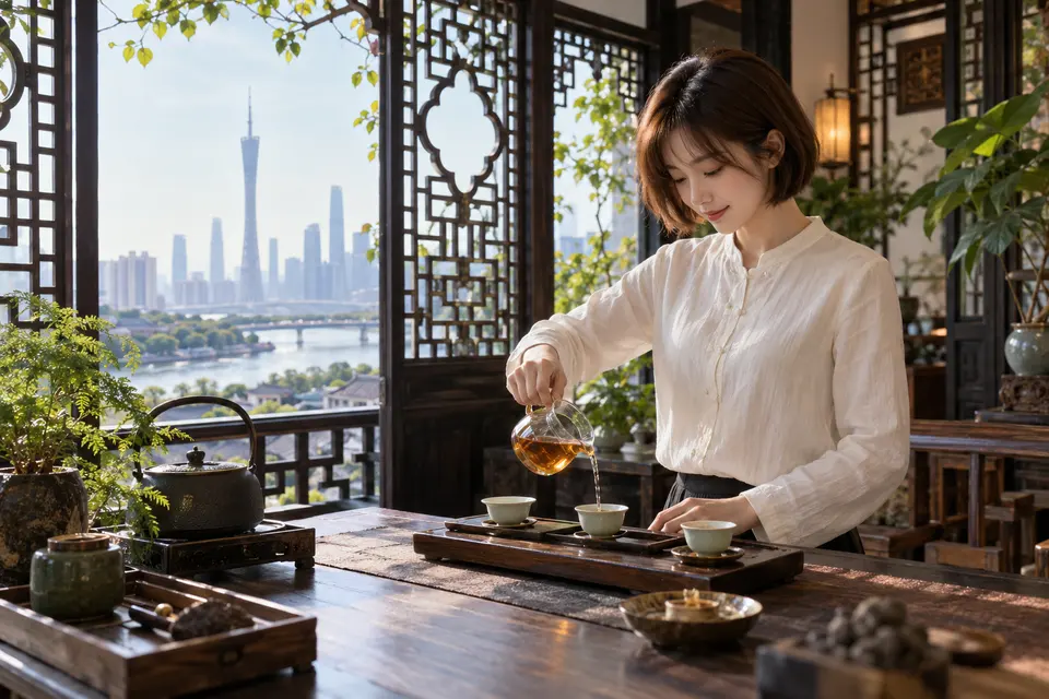 岭南花窗前的冲泡茶席，公道杯分茶，年轻女性在品茶工作室准备对照试饮