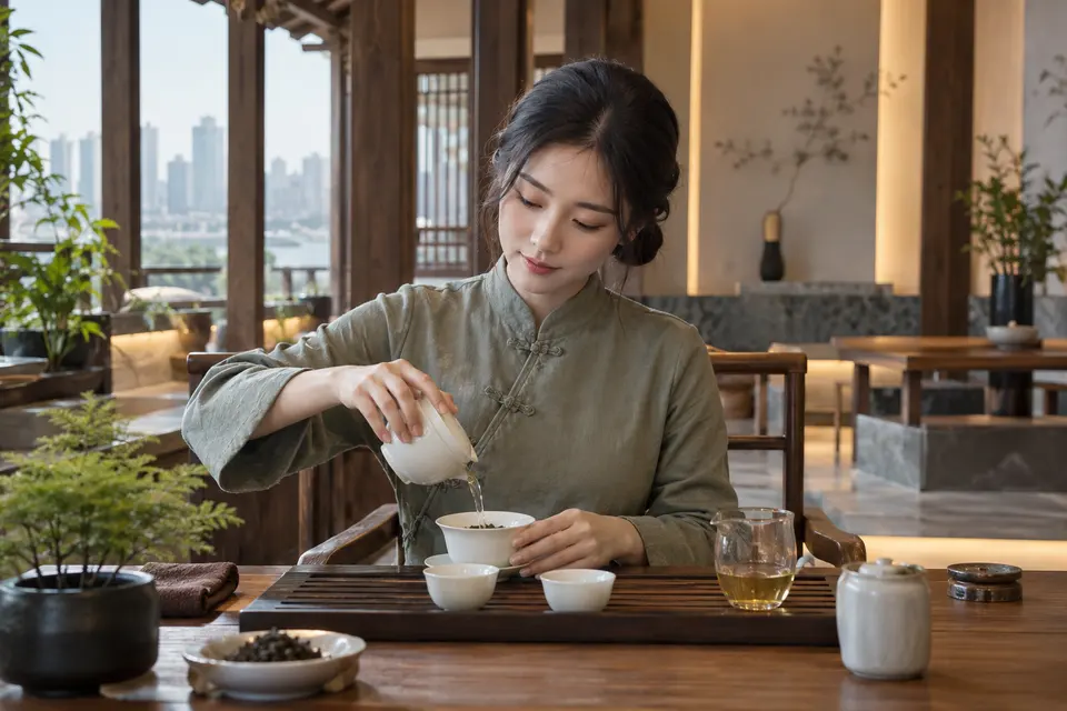 新中式盖碗冲泡场景，展示出汤动作与茶席布置