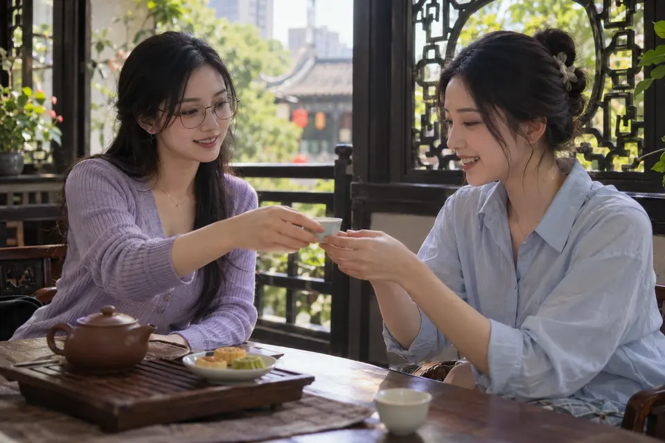 广州品茶场景中茶点与茶杯并排摆放，茶友围坐交流