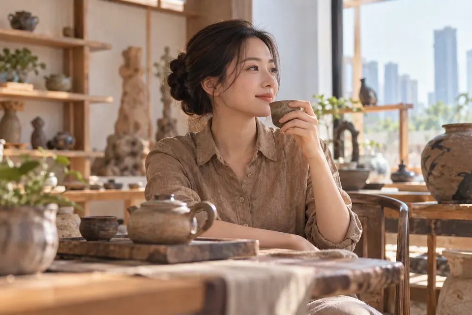 陶艺茶器工作室中的茶杯与陶壶细节