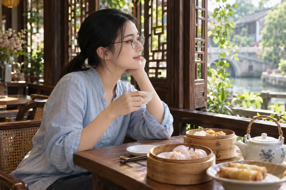 岭南早茶点心与白瓷茶具搭配，适合品饮交流